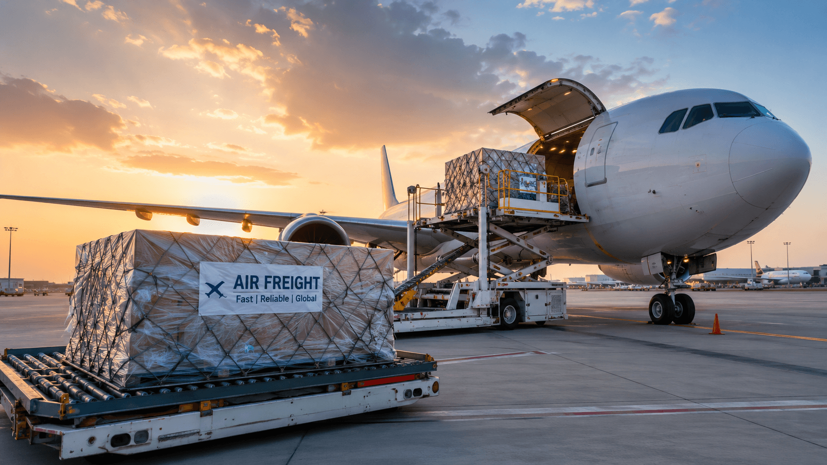 Air freight cargo plane being loaded at sunset